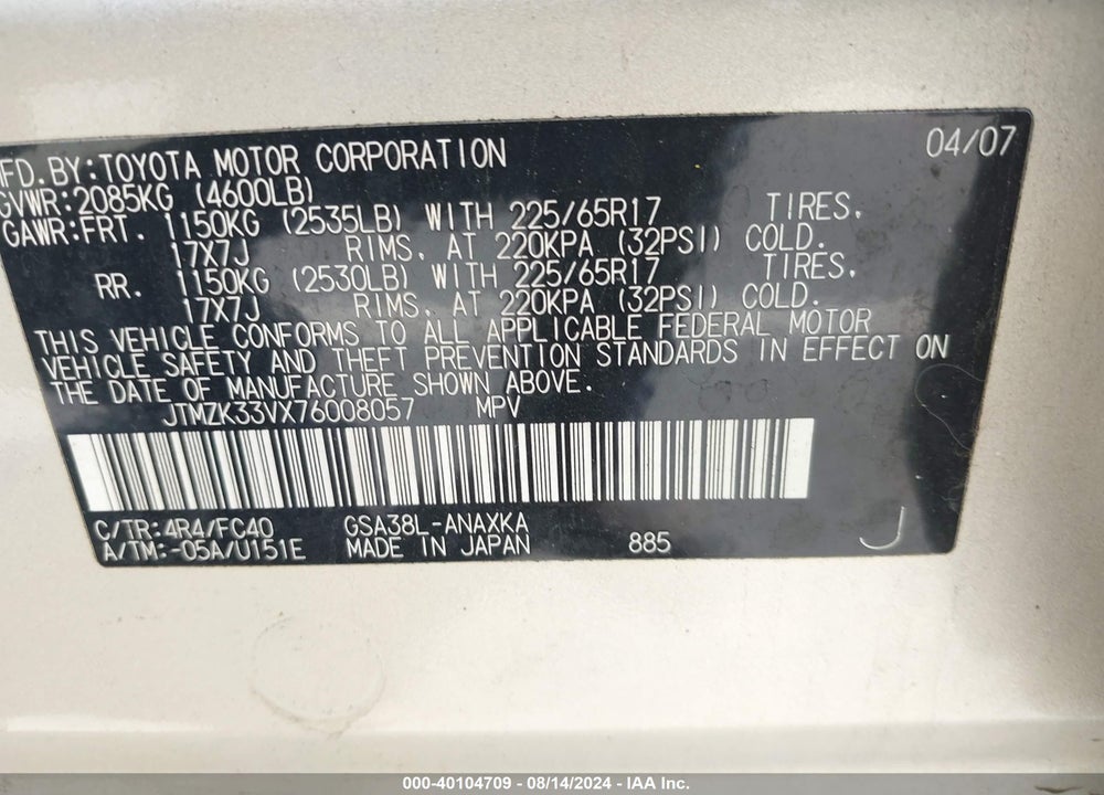 2007 TOYOTA RAV4 BASE V6 VIN: JTMZK33VX76008057