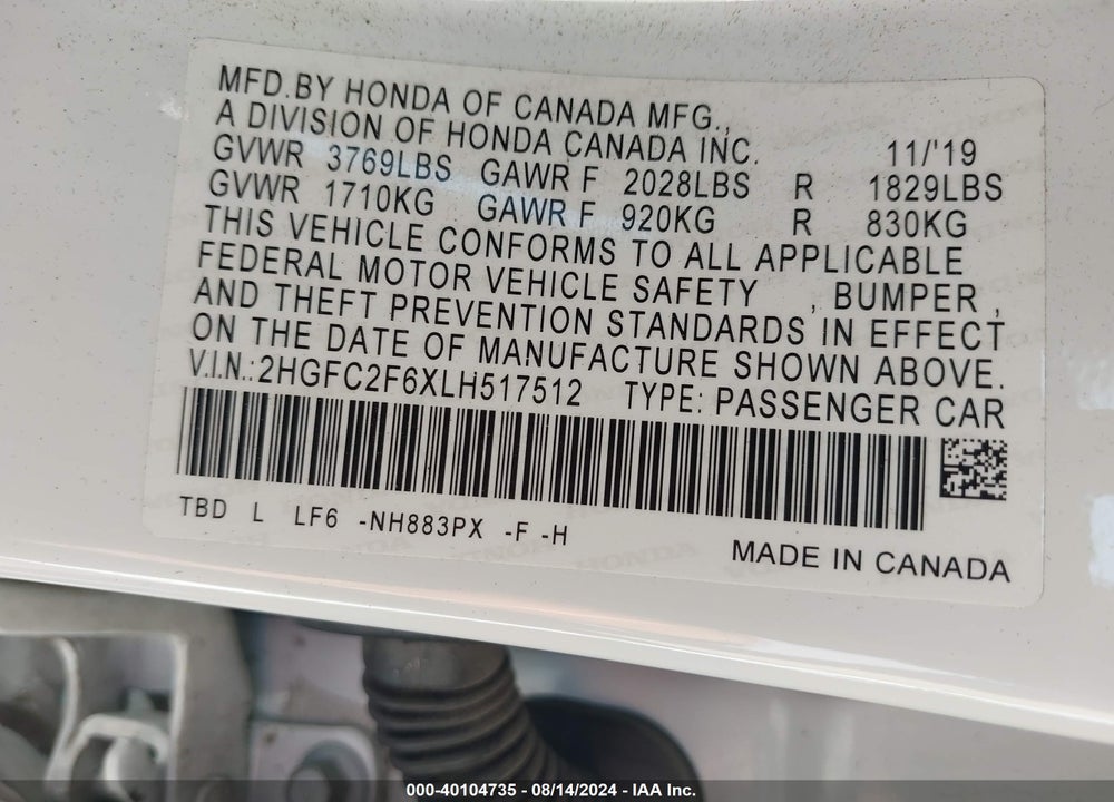 2020 HONDA CIVIC LX VIN: 2HGFC2F6XLH517512