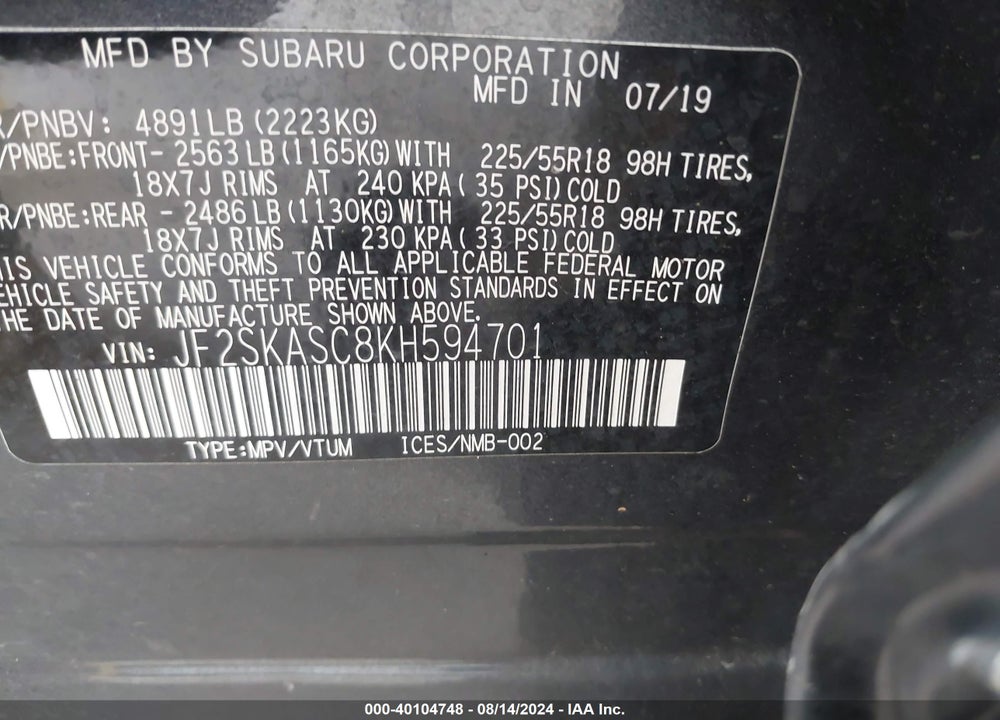 2019 SUBARU FORESTER LIMITED VIN: JF2SKASC8KH594701