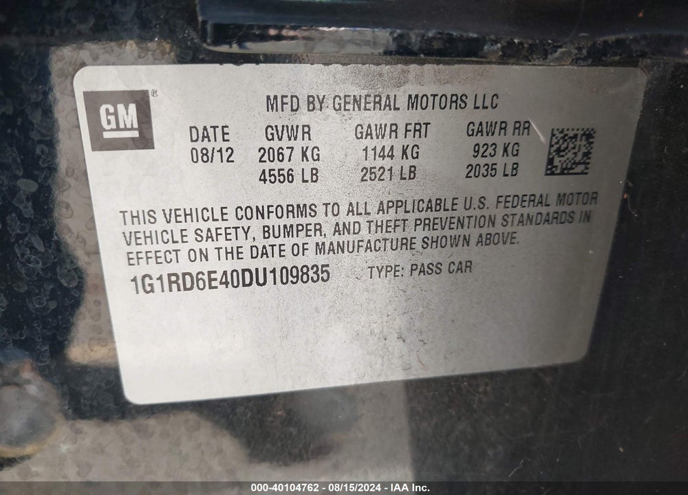 2013 CHEVROLET VOLT VIN: 1G1RD6E40DU109835