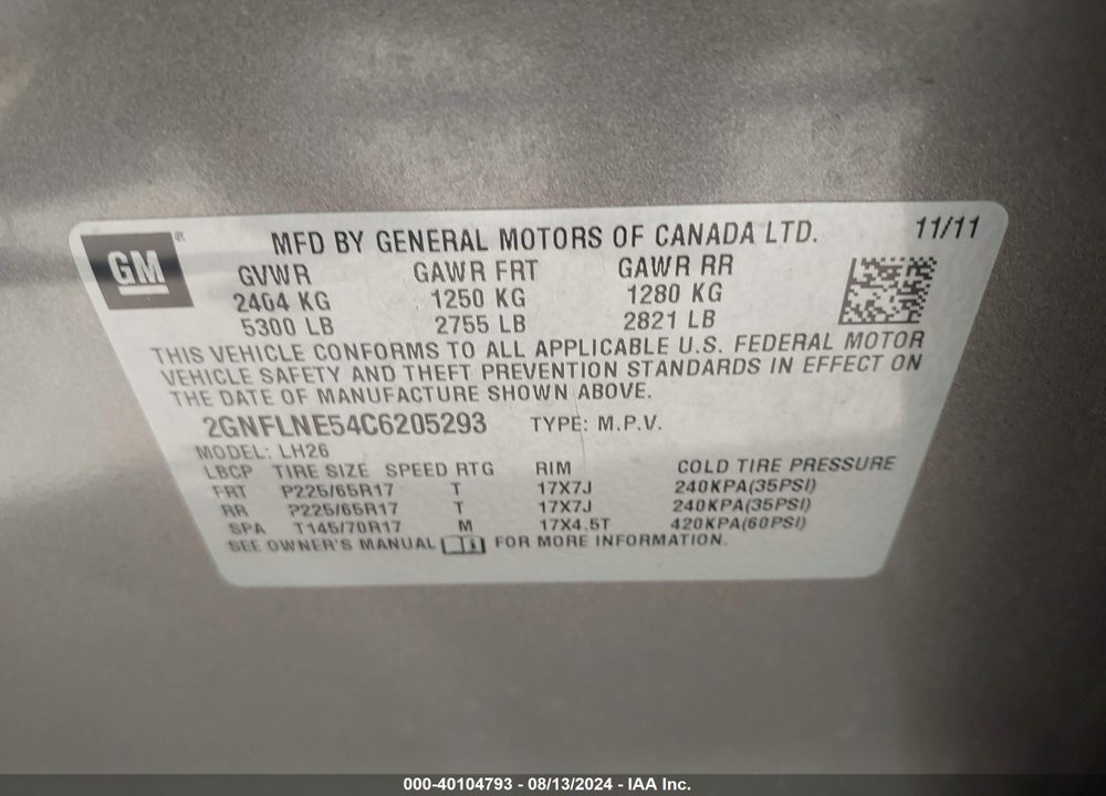 2012 CHEVROLET EQUINOX 2LT VIN: 2GNFLNE54C6205293