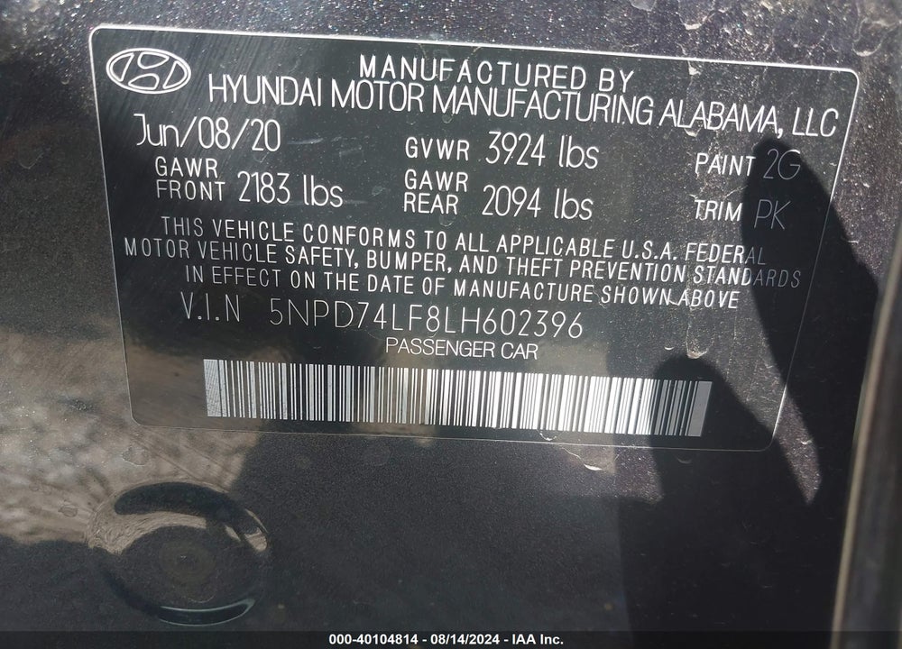 2020 HYUNDAI ELANTRA VIN: 5NPD74LF8LH602396
