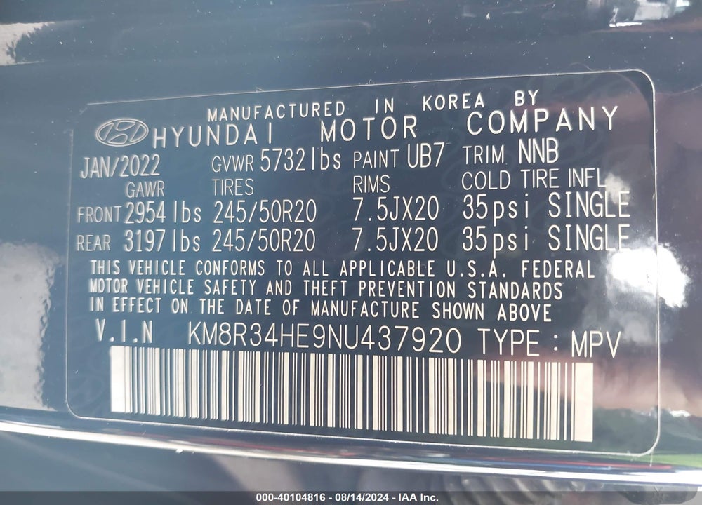 2022 HYUNDAI PALISADE SEL VIN: KM8R34HE9NU437920
