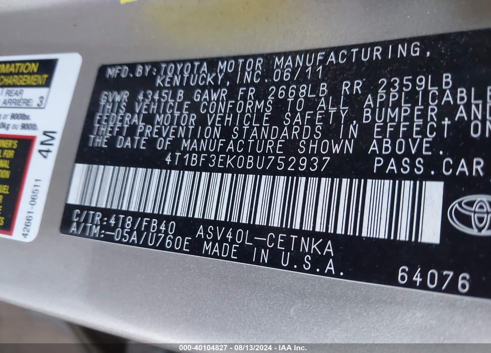 2011 TOYOTA CAMRY LE VIN: 4T1BF3EK0BU752937