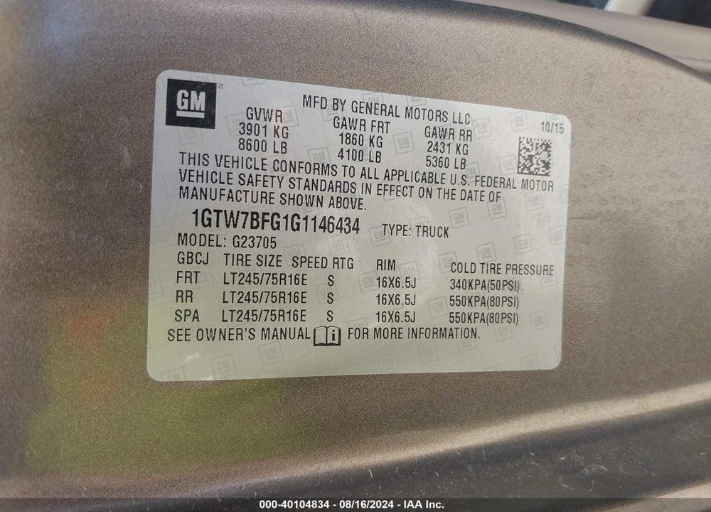 2016 GMC SAVANA 2500 WORK VAN VIN: 1GTW7BFG1G1146434