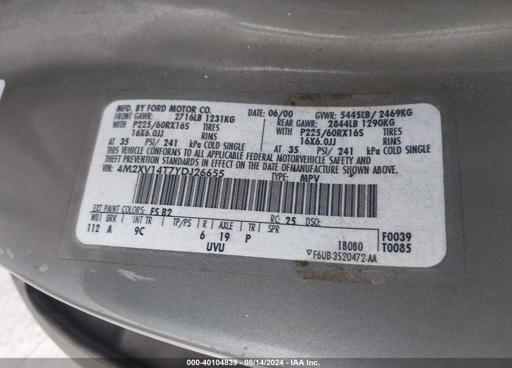 2000 MERCURY VILLAGER ESTATE VIN: 4M2XV14T7YDJ26655