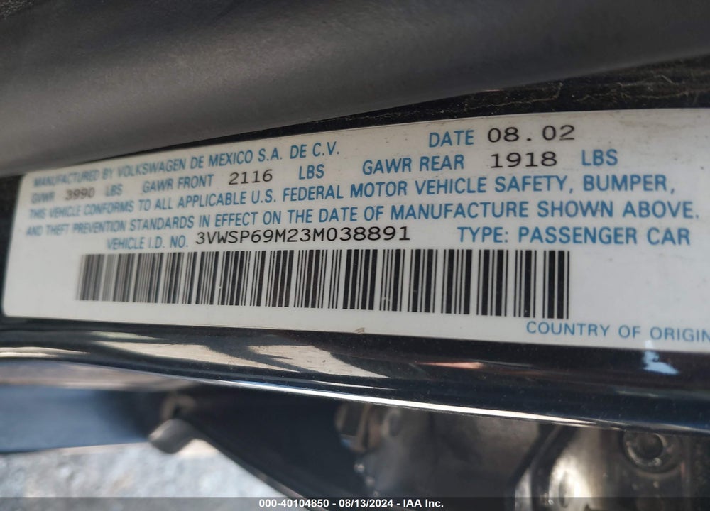 2003 VOLKSWAGEN JETTA GLS TDI VIN: 3VWSP69M23M038891