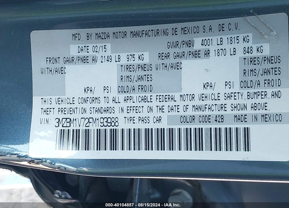 2015 MAZDA 3 I TOURING VIN: 3MZBM1V72FM193988
