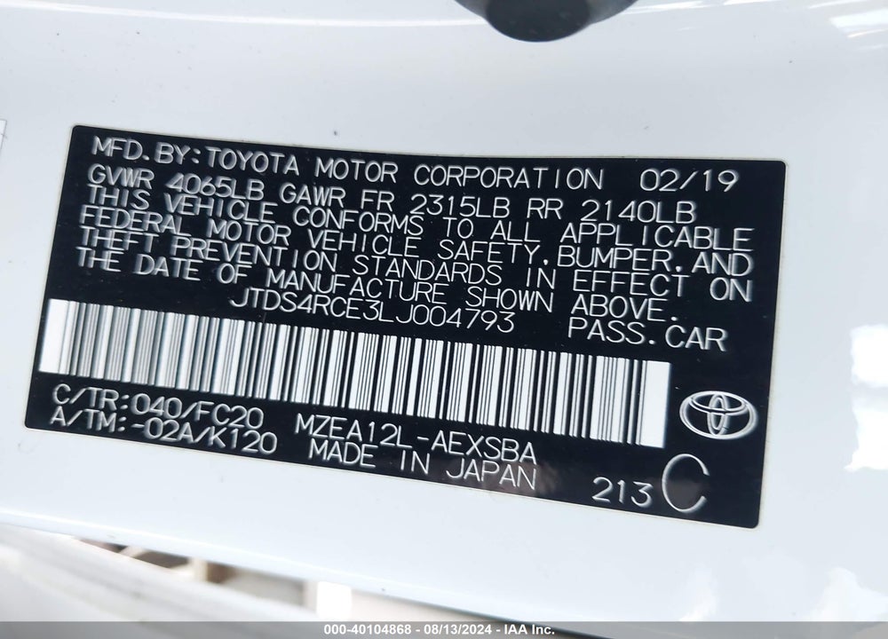 2020 TOYOTA COROLLA SE VIN: JTDS4RCE3LJ004793