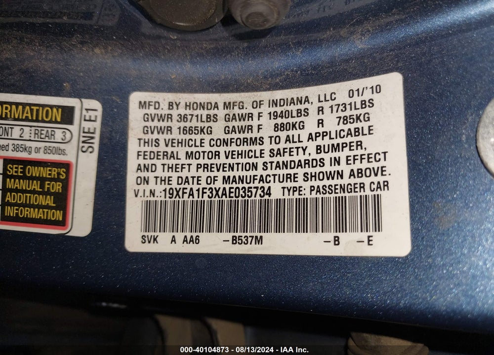 2010 HONDA CIVIC VP VIN: 19XFA1F3XAE035734