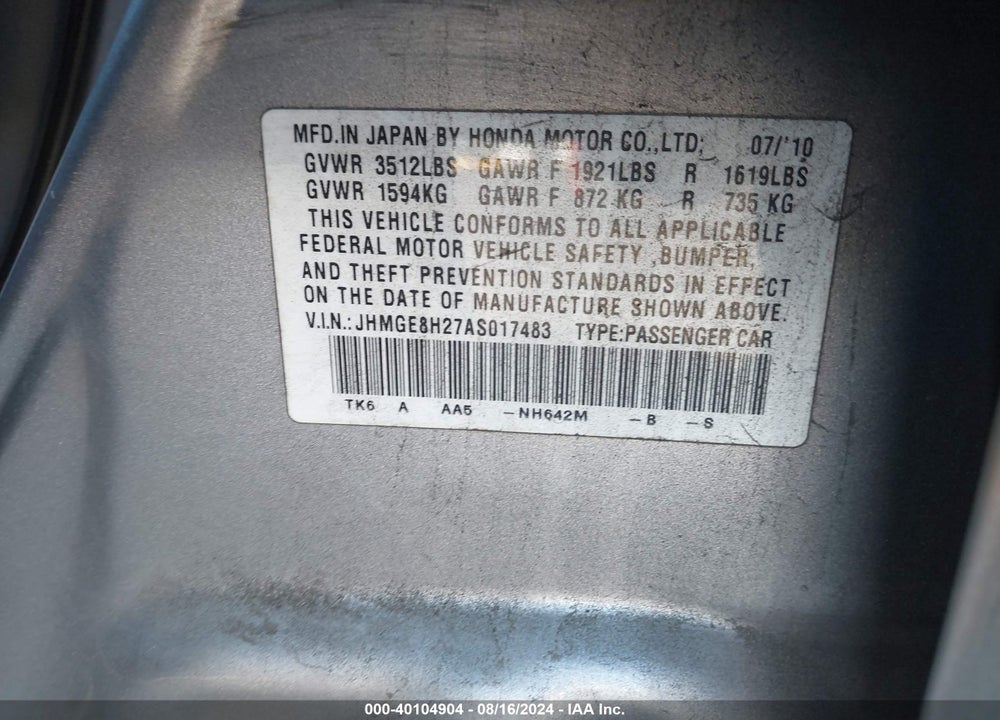 2010 HONDA FIT VIN: JHMGE8H27AS017483