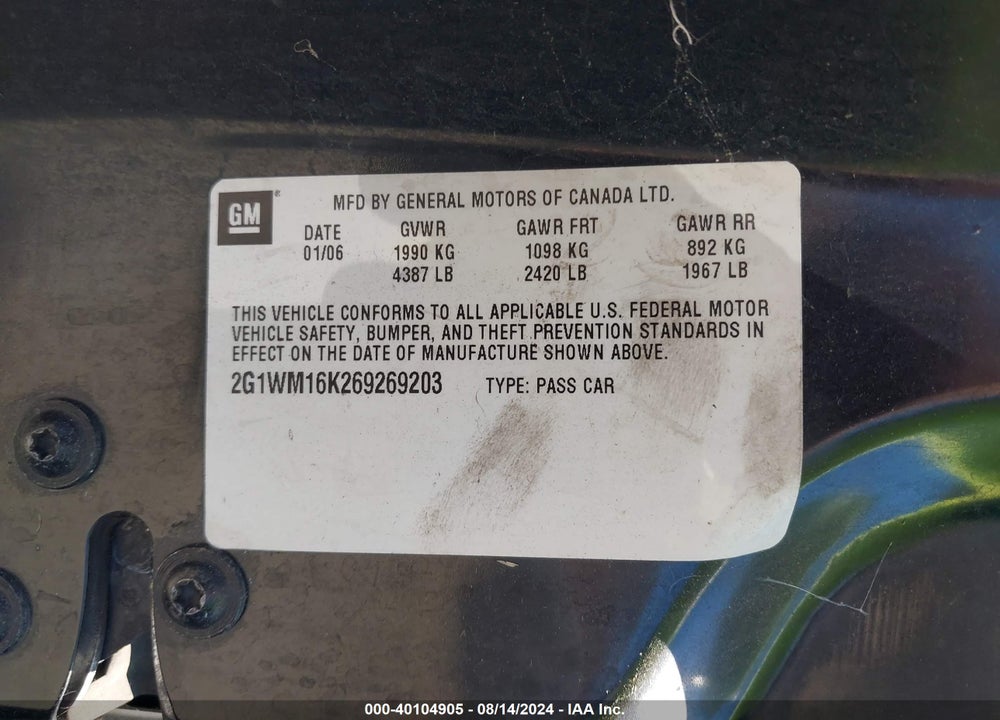 2006 CHEVROLET MONTE CARLO LT VIN: 2G1WM16K269269203