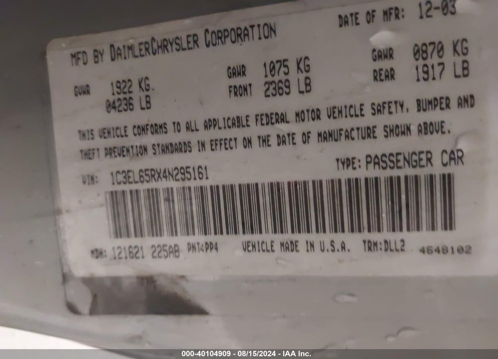 2004 CHRYSLER SEBRING LIMITED VIN: 1C3EL65RX4N295161