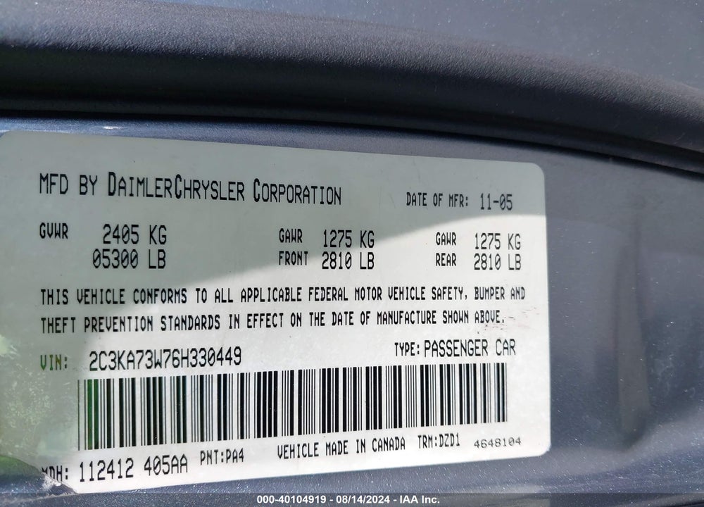 2006 CHRYSLER 300C SRT8 VIN: 2C3KA73W76H330449
