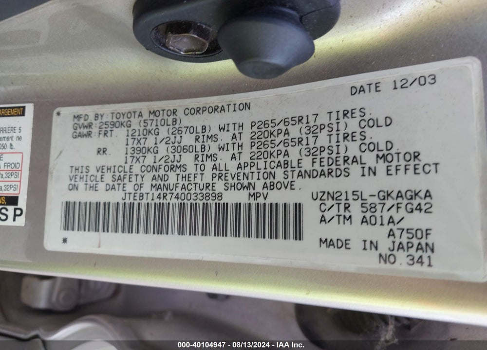 2004 TOYOTA 4RUNNER SR5 V8 VIN: JTEBT14R740033898