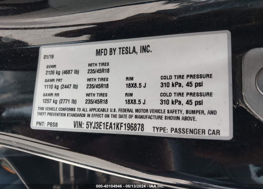 2019 TESLA MODEL 3 LONG RANGE/MID RANGE/STANDARD RANGE/STANDARD RANGE PLUS VIN: 5YJ3E1EA1KF196878