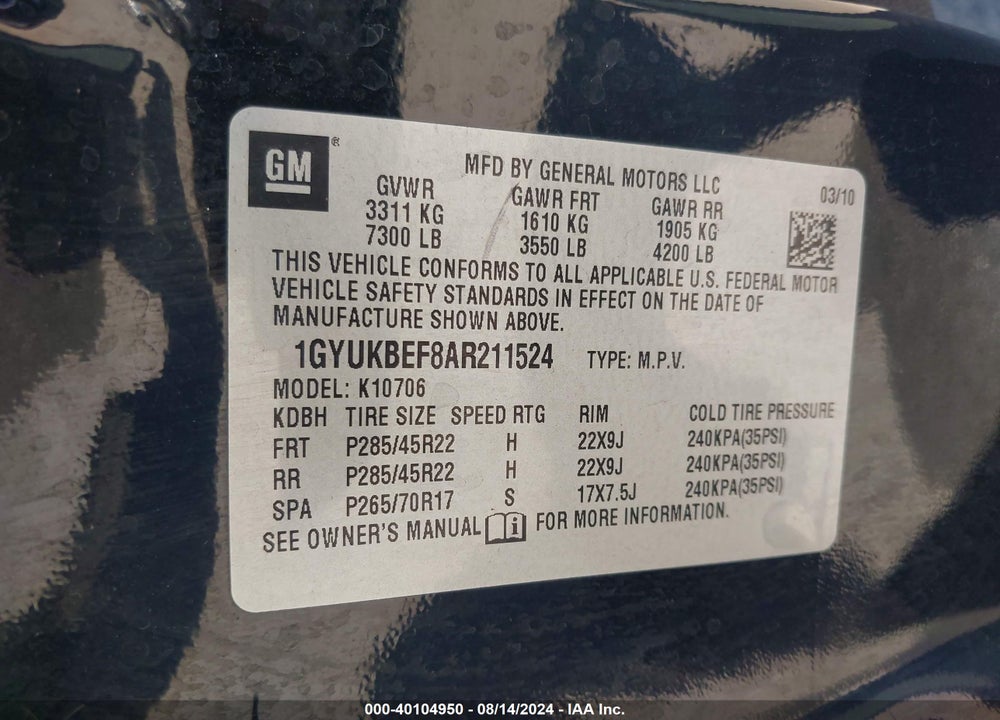 2010 CADILLAC ESCALADE LUXURY VIN: 1GYUKBEF8AR211524