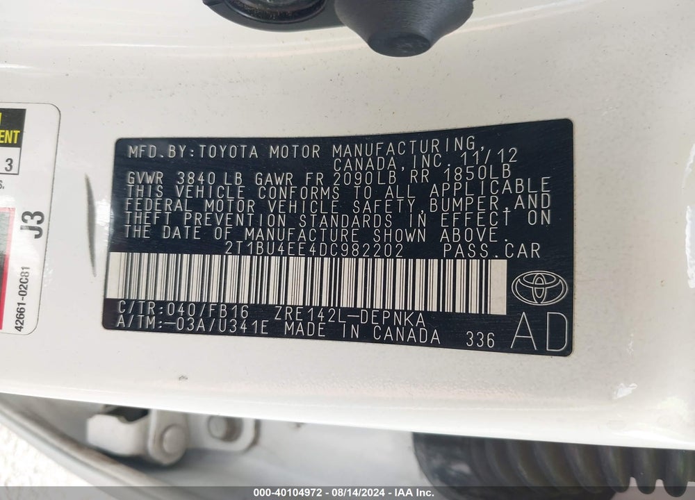2013 TOYOTA COROLLA LE VIN: 2T1BU4EE4DC982202