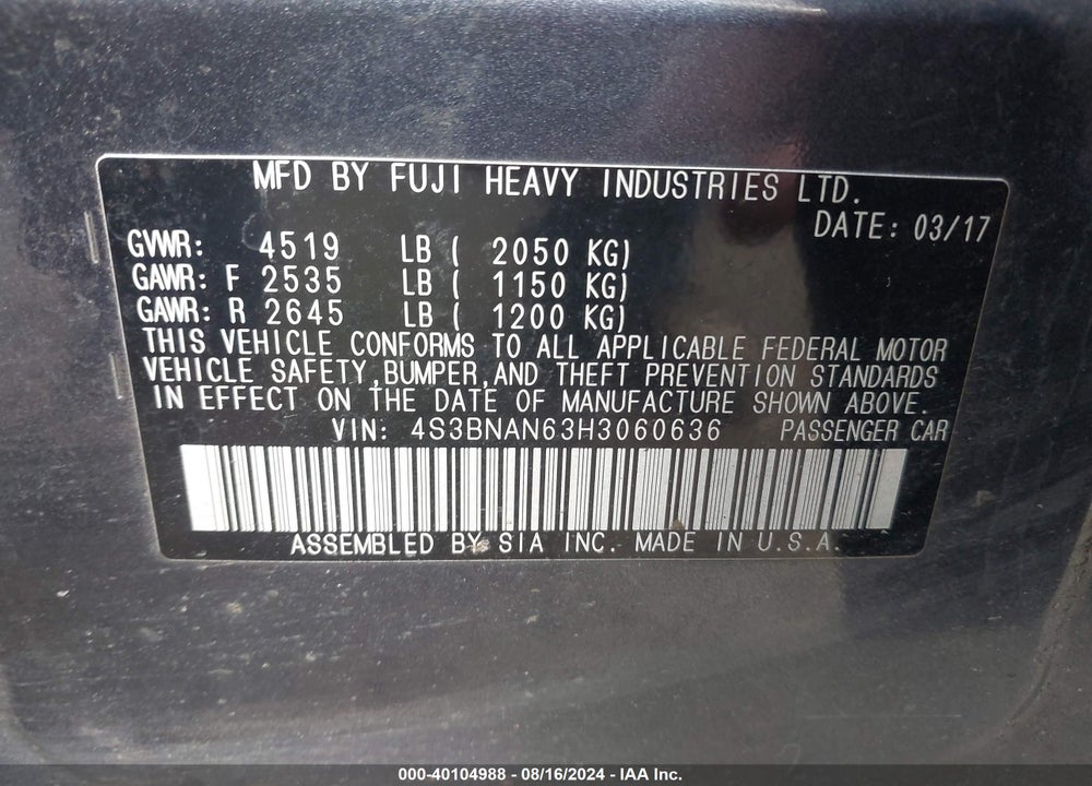 2017 SUBARU LEGACY 2.5I LIMITED VIN: 4S3BNAN63H3060636