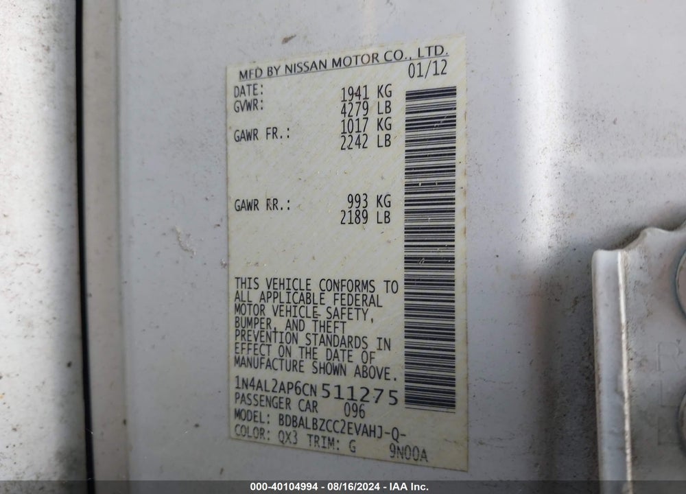 2012 NISSAN ALTIMA 2.5 S VIN: 1N4AL2AP6CN511275