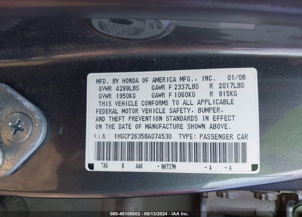2008 HONDA ACCORD 2.4 LX VIN: 1HGCP26358A074530