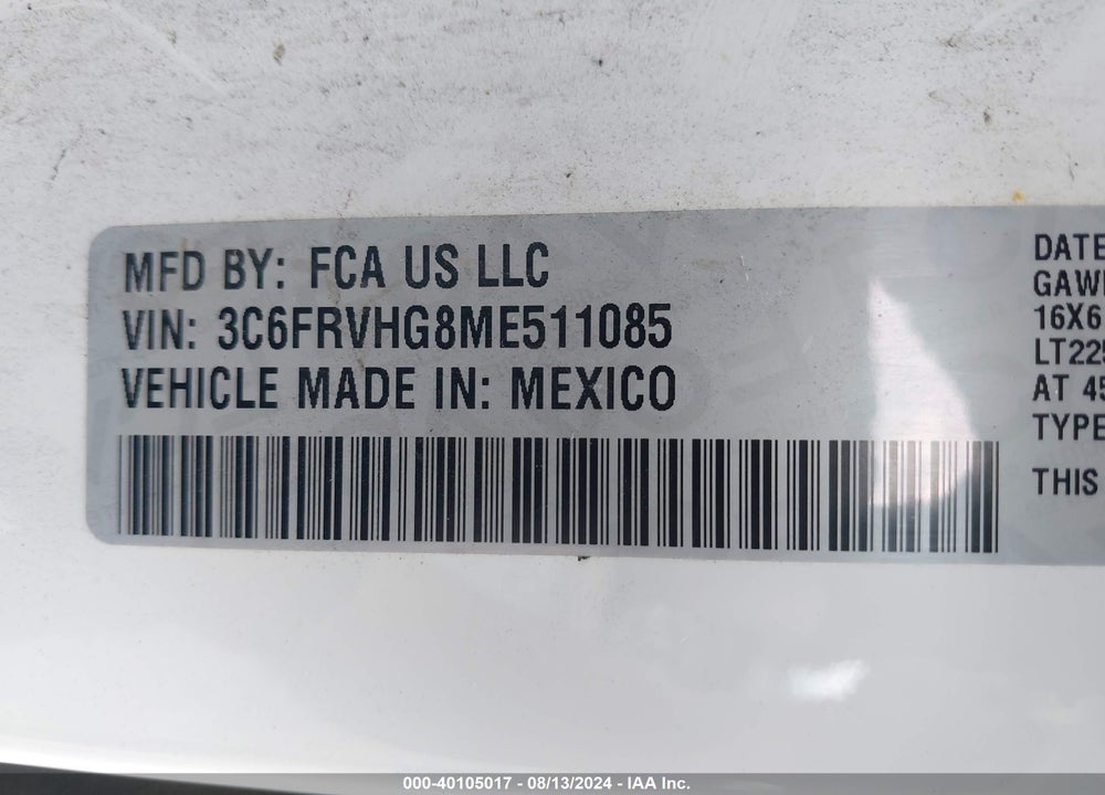 2021 RAM PROMASTER 3500 HIGH ROOF 159 WB VIN: 3C6FRVHG8ME511085