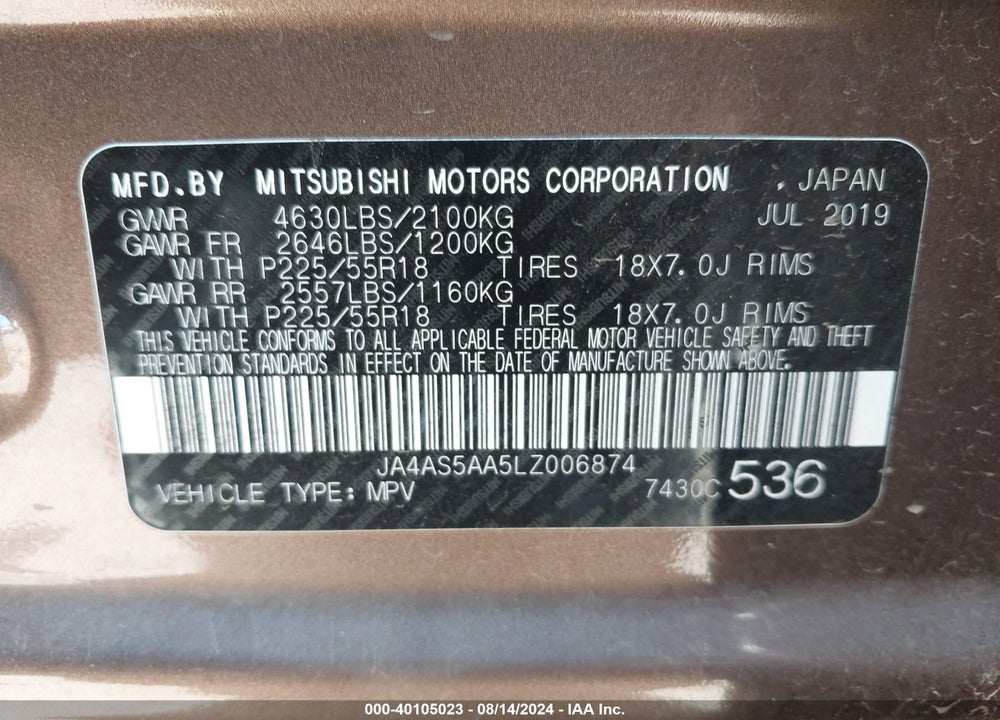 2020 MITSUBISHI ECLIPSE CROSS SE 1.5T VIN: JA4AS5AA5LZ006874