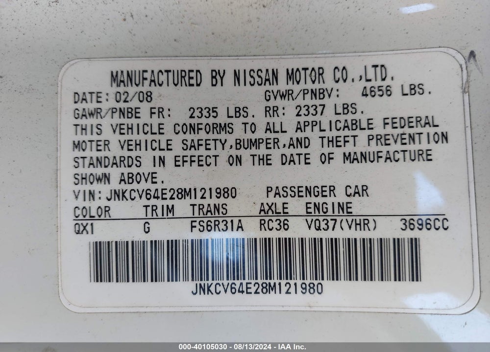 2008 INFINITI G37 SPORT VIN: JNKCV64E28M121980