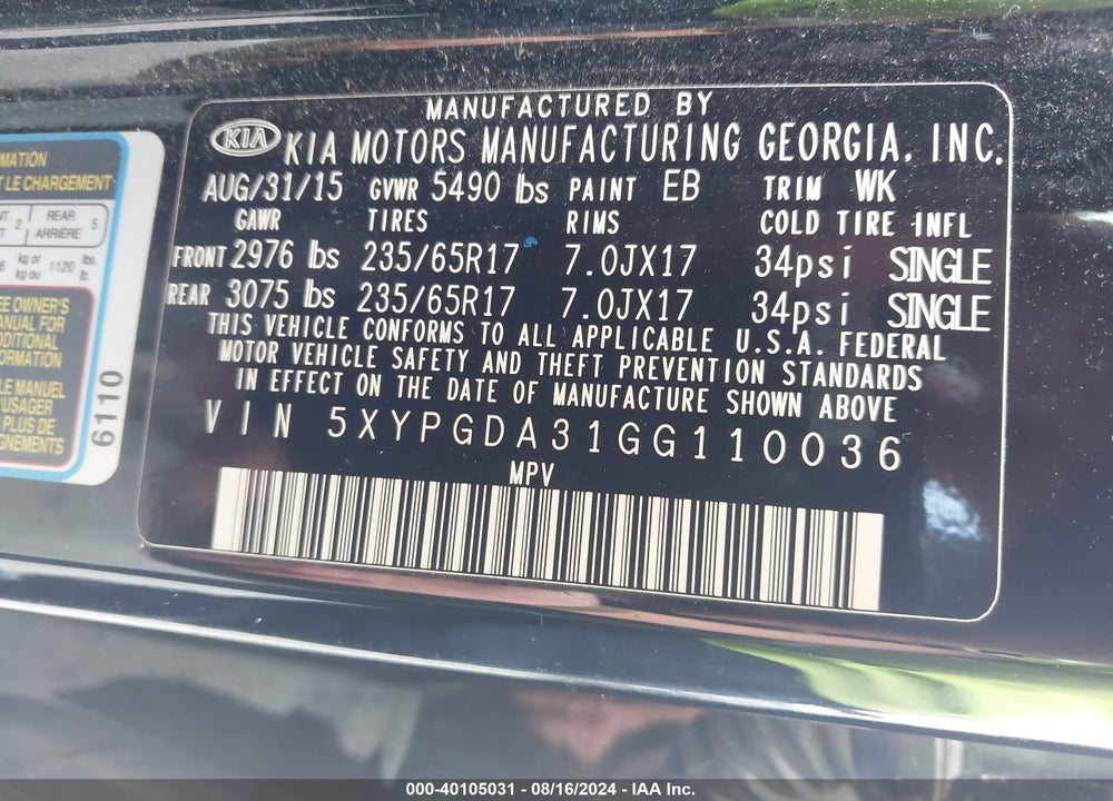 2016 KIA SORENTO 2.4L LX VIN: 5XYPGDA31GG110036