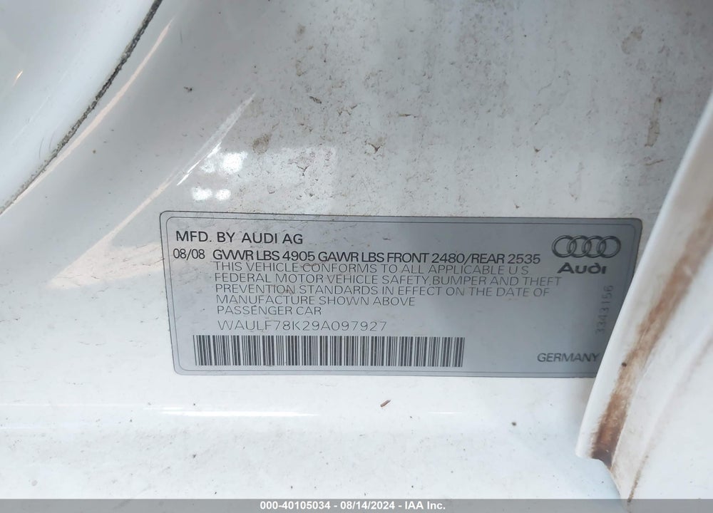 2009 AUDI A4 2.0T PREMIUM VIN: WAULF78K29A097927