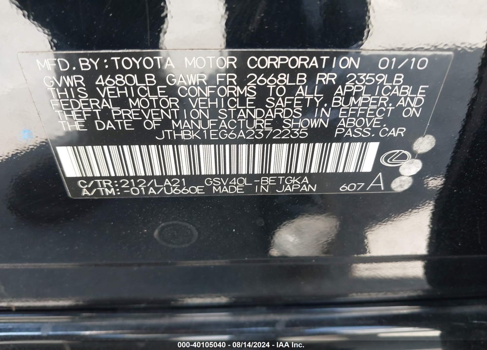 2010 LEXUS ES 350 VIN: JTHBK1EG6A2372235