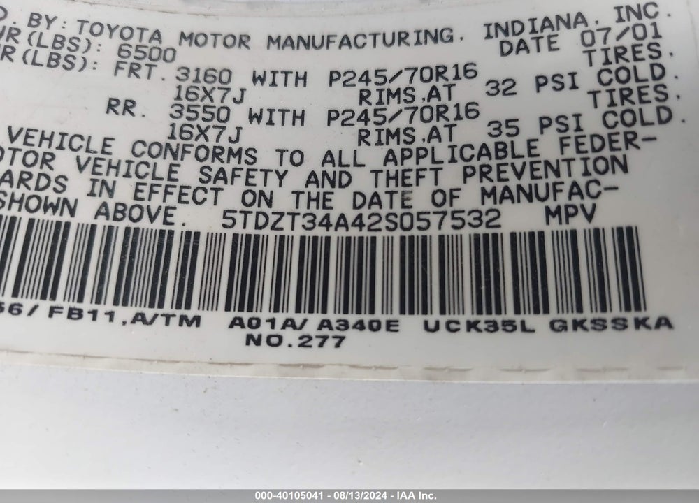 2002 TOYOTA SEQUOIA SR5 V8 VIN: 5TDZT34A42S057532