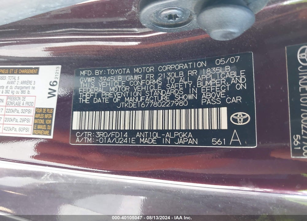 2008 SCION TC VIN: JTKDE167780227980