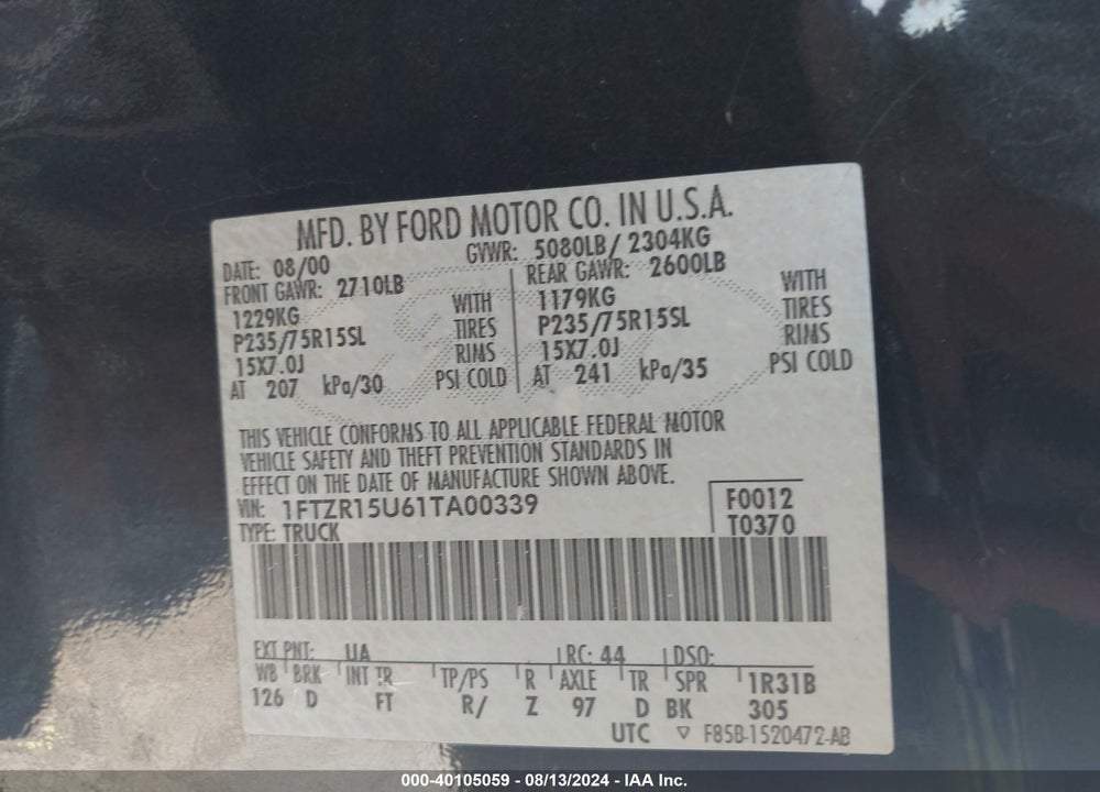 2001 FORD RANGER EDGE/XLT VIN: 1FTZR15U61TA00339