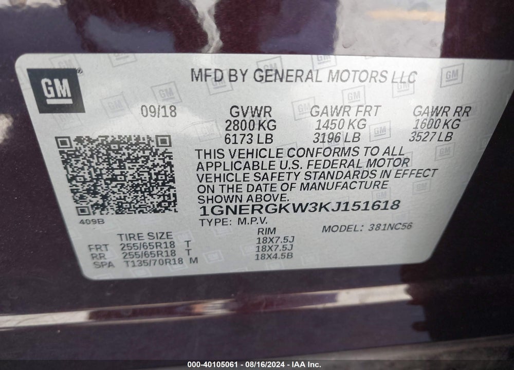 2019 CHEVROLET TRAVERSE 1LT VIN: 1GNERGKW3KJ151618