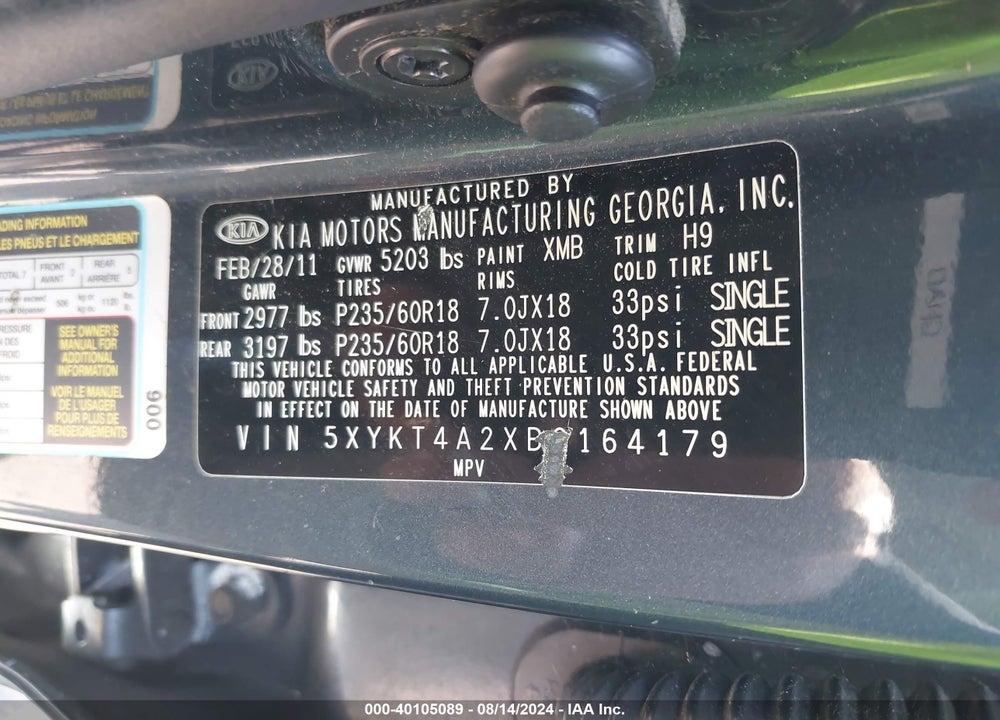 2011 KIA SORENTO LX V6 VIN: 5XYKT4A2XBG164179