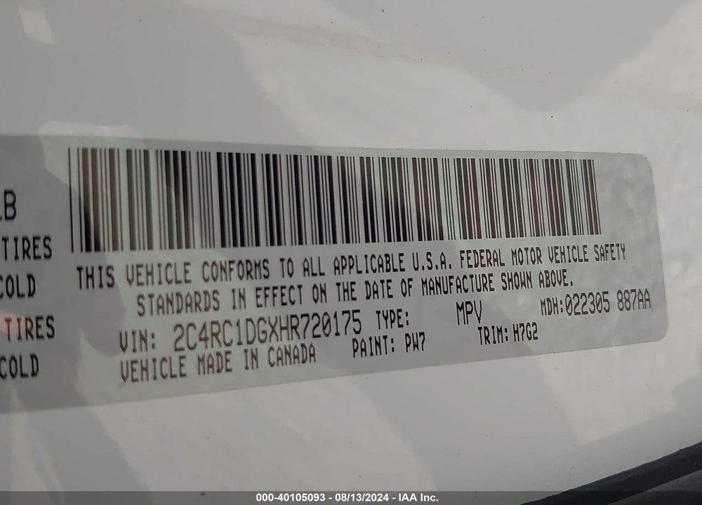 2017 CHRYSLER PACIFICA TOURING VIN: 2C4RC1DGXHR720175