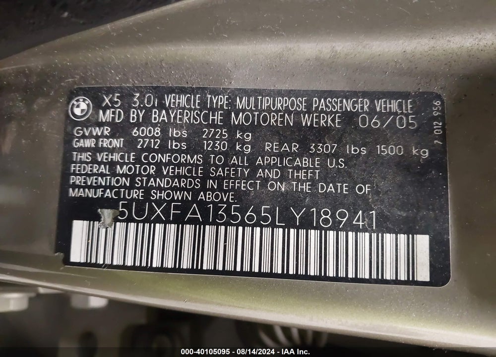 2005 BMW X5 3.0I VIN: 5UXFA13565LY18941