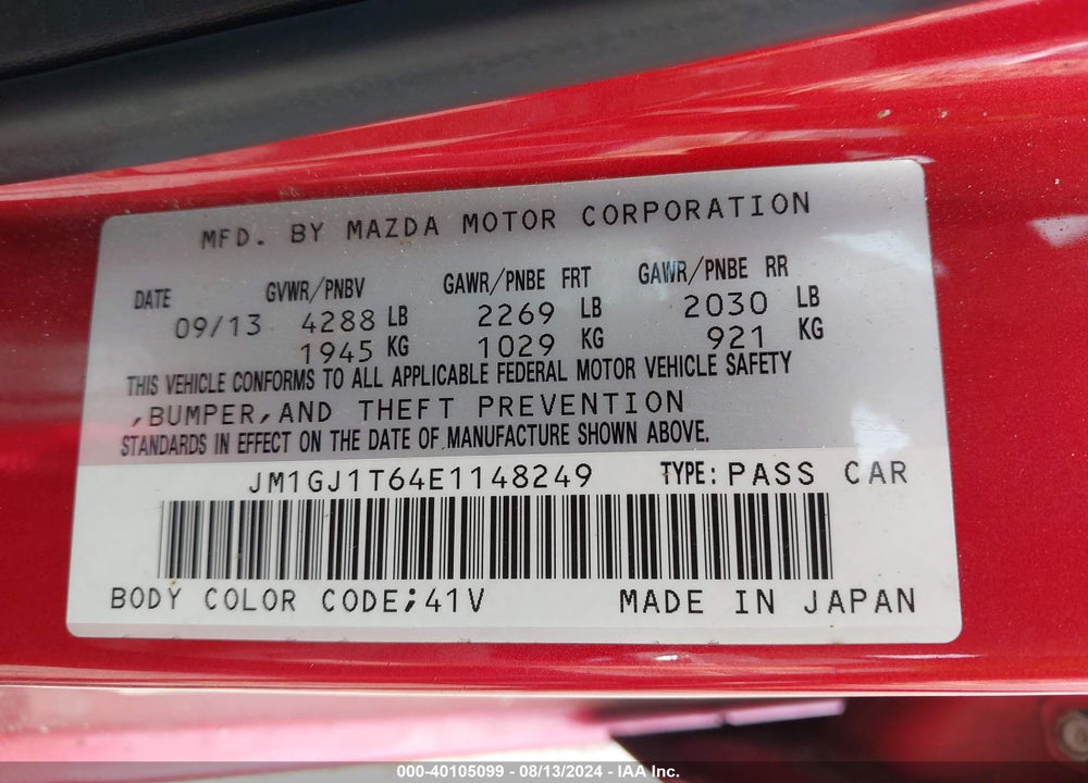 2014 MAZDA 6 I TOURING VIN: JM1GJ1T64E1148249