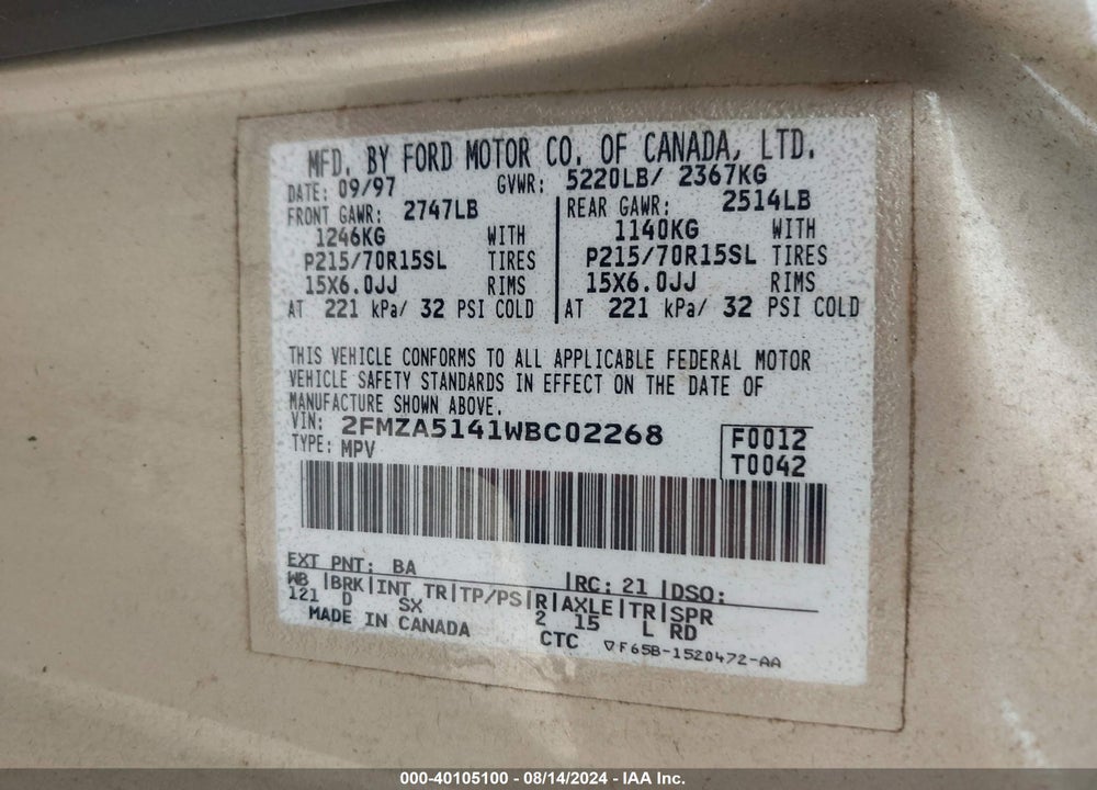 1998 FORD WINDSTAR GL/LIMITED/LX VIN: 2FMZA5141WBC02268