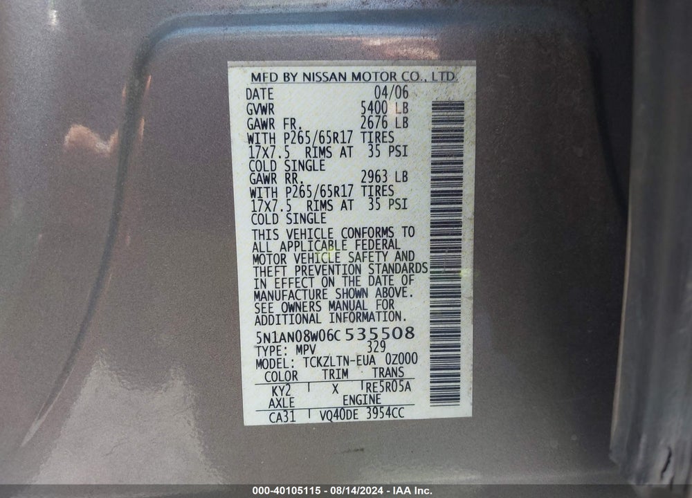 2006 NISSAN XTERRA SE VIN: 5N1AN08W06C535508