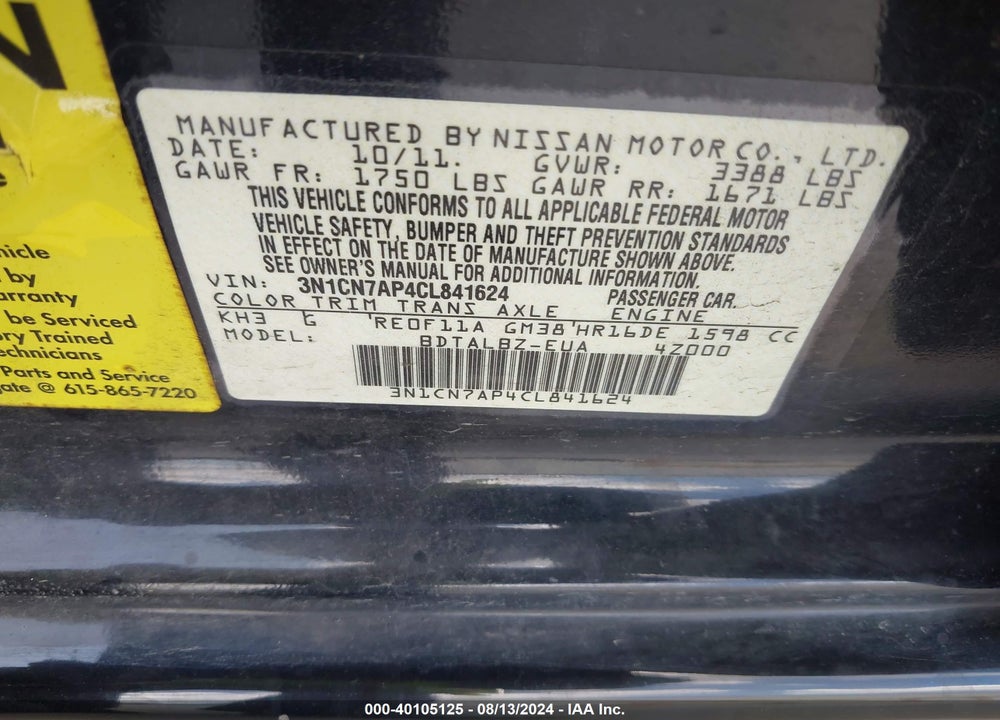 2012 NISSAN VERSA 1.6 SV VIN: 3N1CN7AP4CL841624