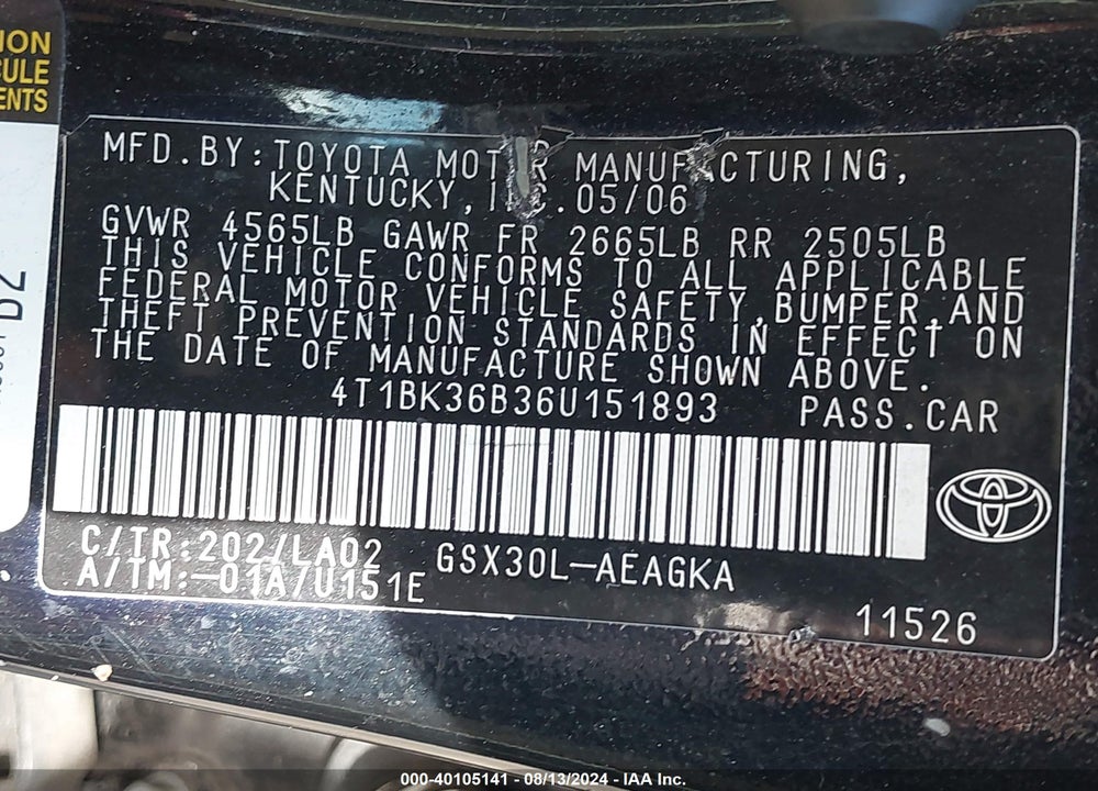 2006 TOYOTA AVALON XLS VIN: 4T1BK36B36U151893