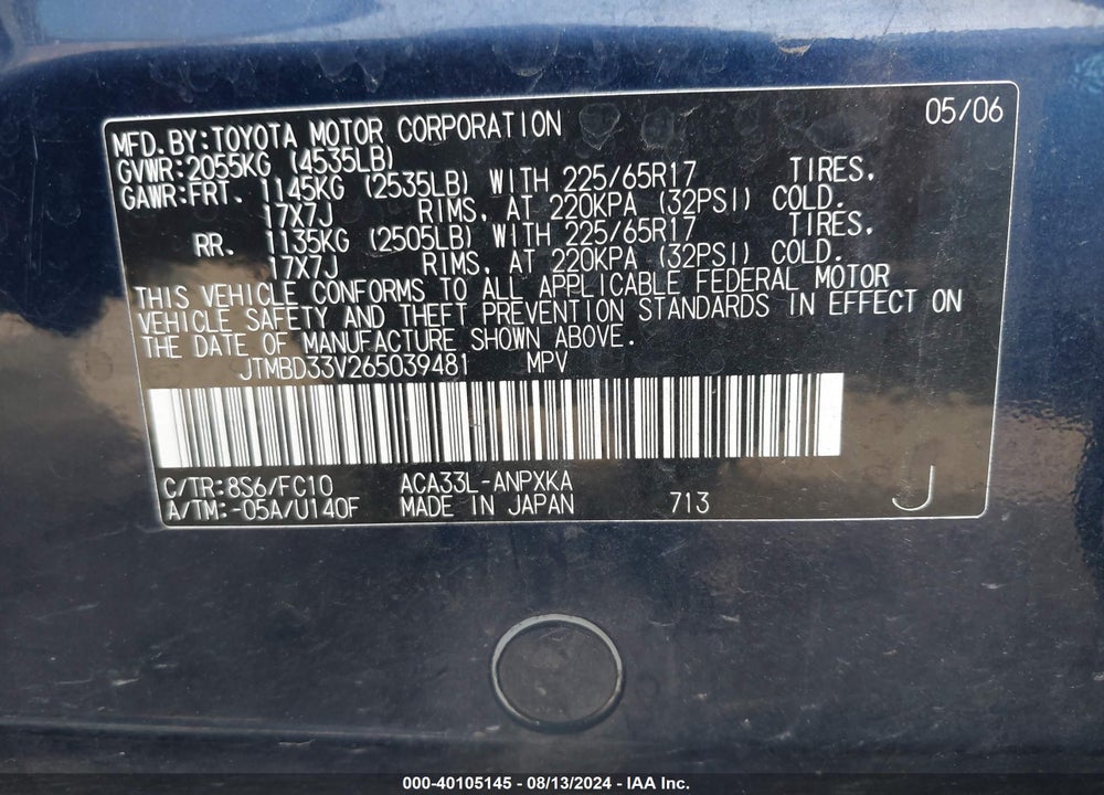 2006 TOYOTA RAV4 VIN: JTMBD33V265039481