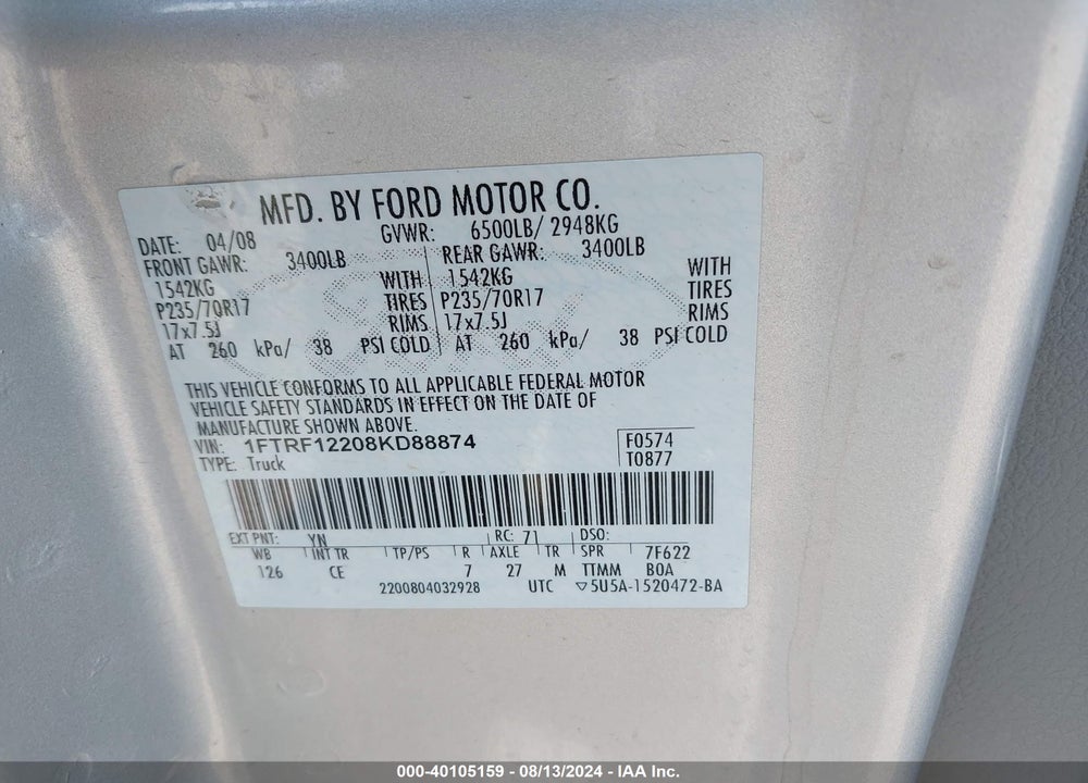 2008 FORD F-150 STX/XL/XLT VIN: 1FTRF12208KD88874