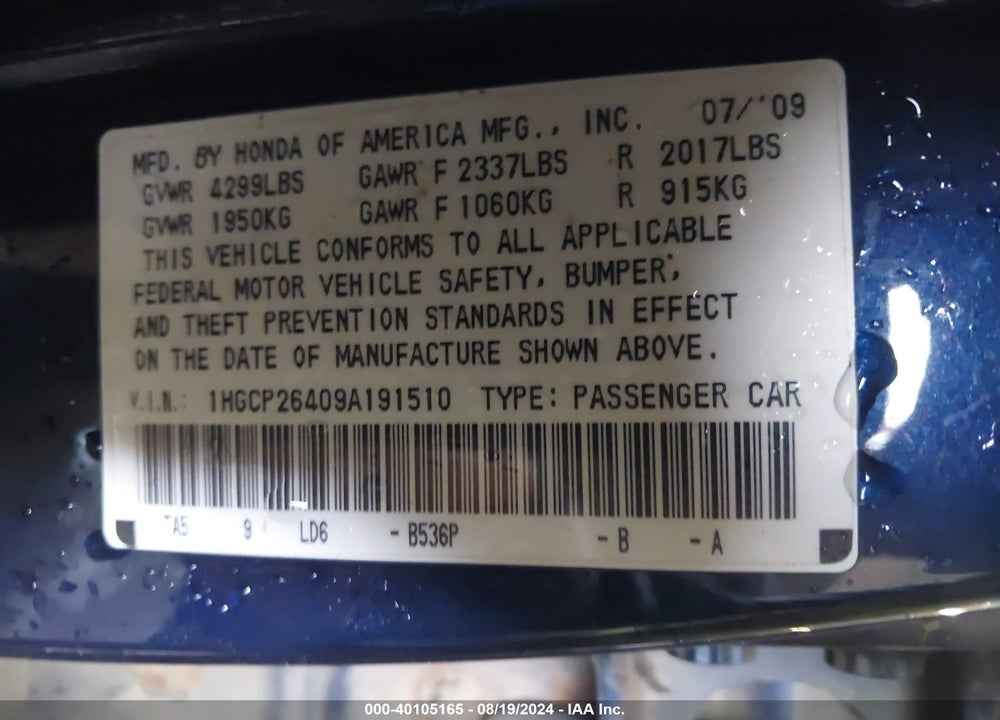 2009 HONDA ACCORD 2.4 LX-P VIN: 1HGCP26409A191510