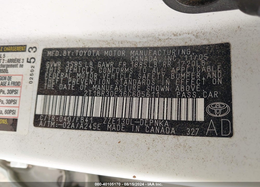 2006 TOYOTA COROLLA LE VIN: 2T1BR30E36C605611