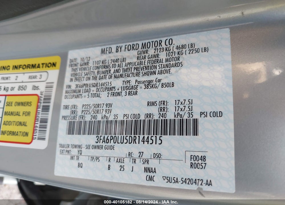2013 FORD FUSION HYBRID SE VIN: 3FA6P0LU5DR144515