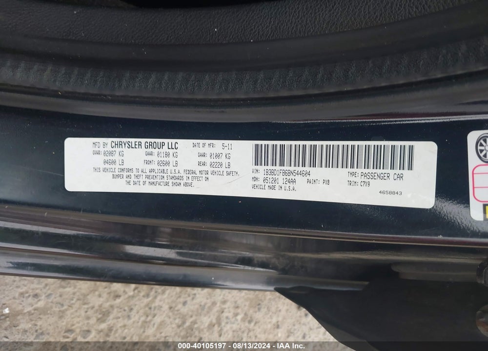 2011 DODGE AVENGER MAINSTREET VIN: 1B3BD1FB6BN544604