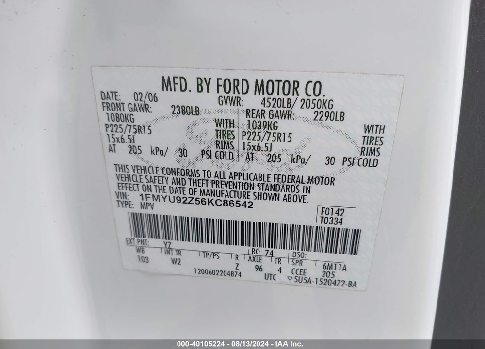 2006 FORD ESCAPE XLS/XLS MANUAL VIN: 1FMYU92Z56KC86542